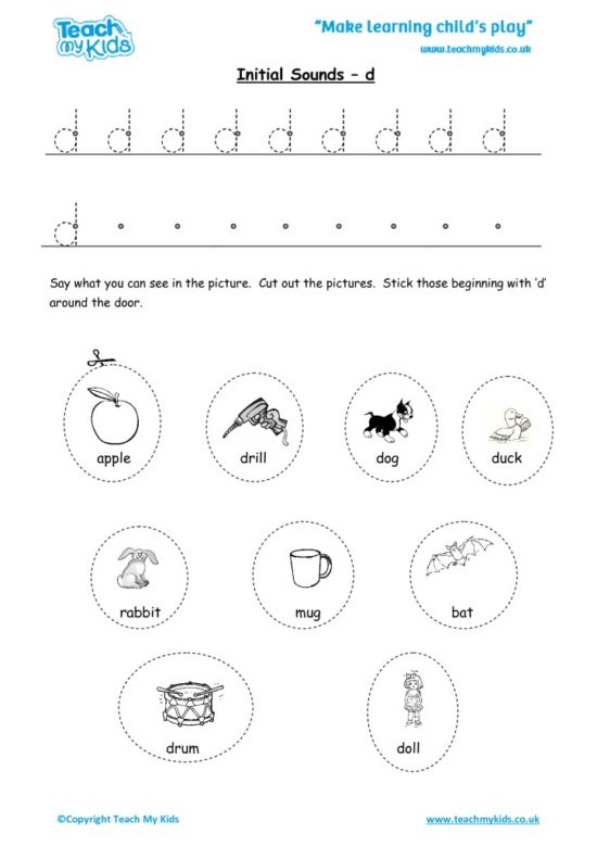 Worksheets for kids - initial sounds-d